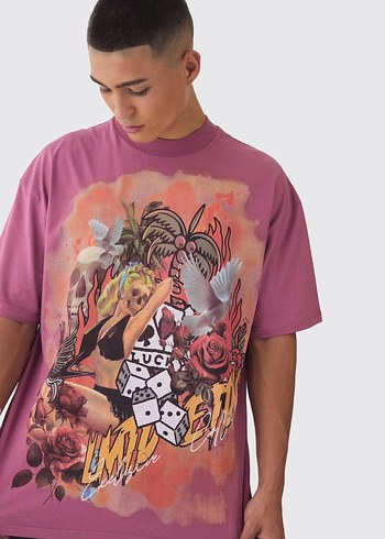 Pembe Baskılı Erkek Tişört - Görsel 3