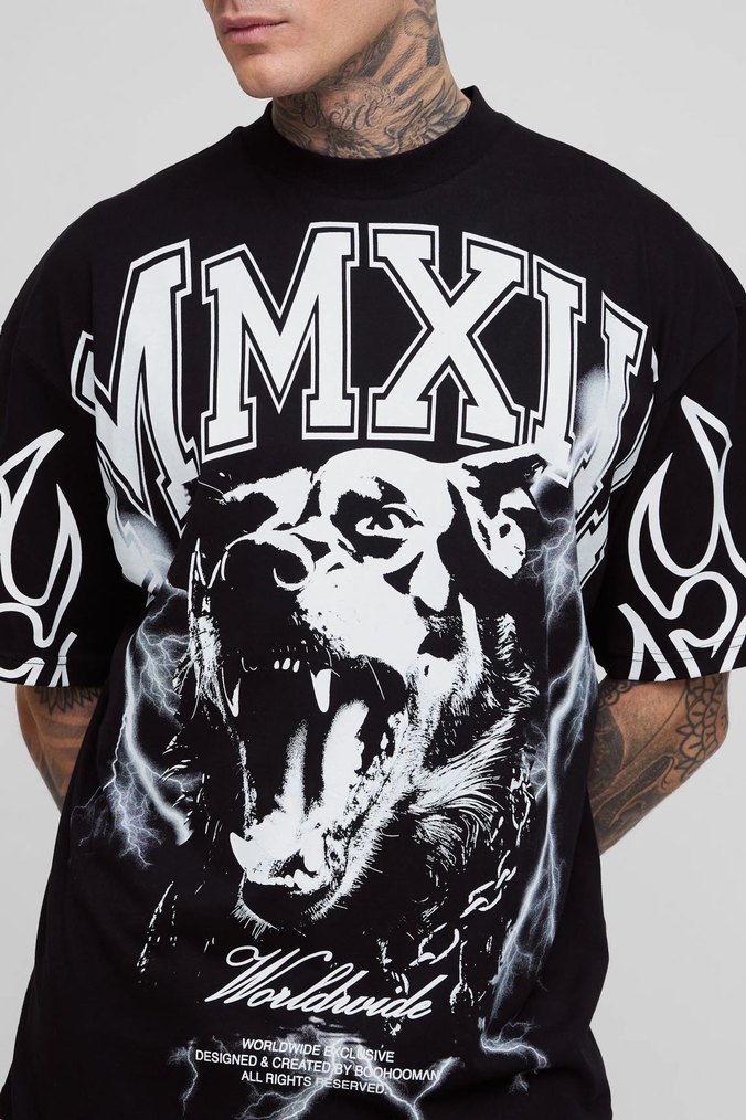 Siyah Baskılı Rahat Kesim Erkek Tişört - Görsel 3