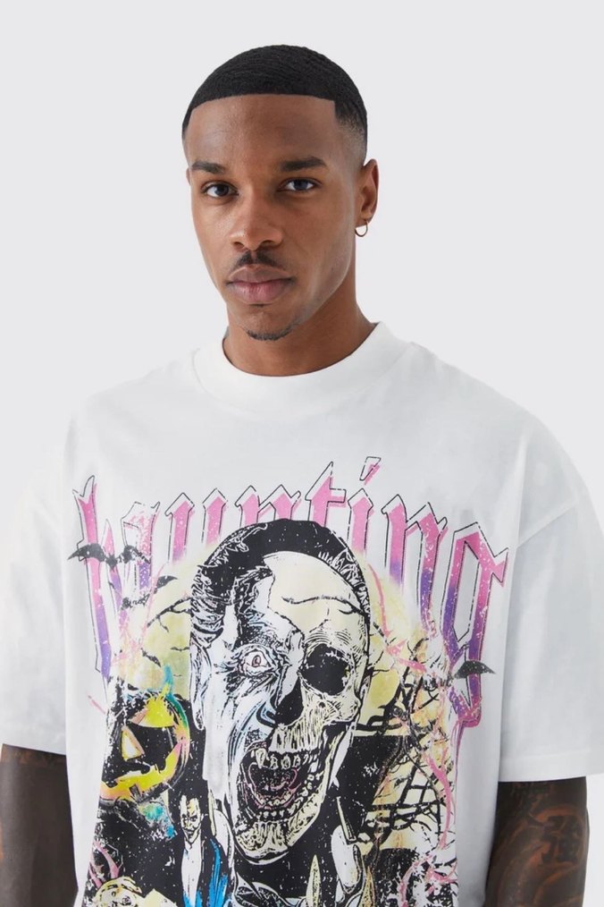 Beyaz Baskılı Erkek Tişört Loose Fit - Görsel 2