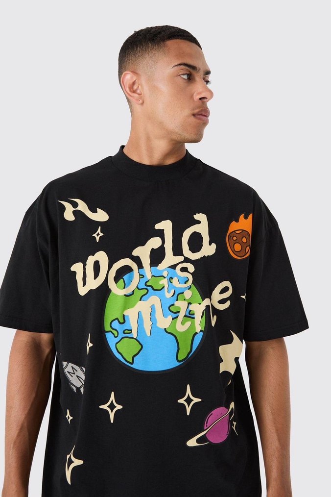 Dünyalı Baskılı Siyah Oversize Tişört - Görsel 3