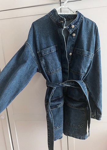 xl Beden Kemer Detaylı Lacivert Kadın Denim Ceket