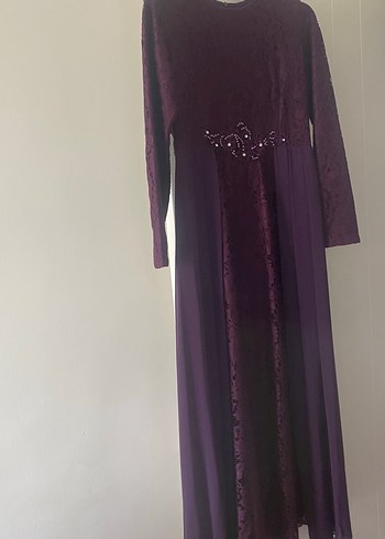 Uzun Kollu Mor Dantel Abiye Elbise - Görsel 3