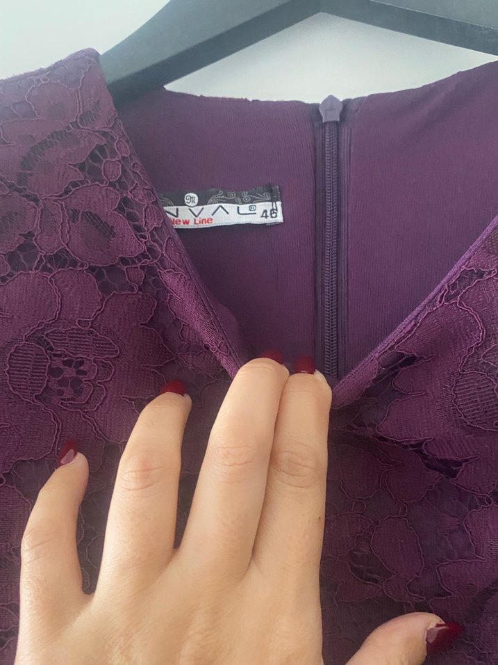 Uzun Kollu Mor Dantel Abiye Elbise - Görsel 4