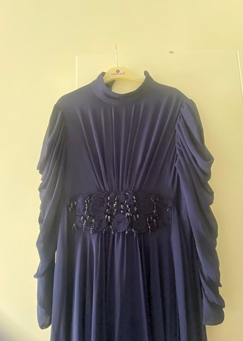 Lacivert Uzun Drapeli Kadın Abiye Elbise - Görsel 5