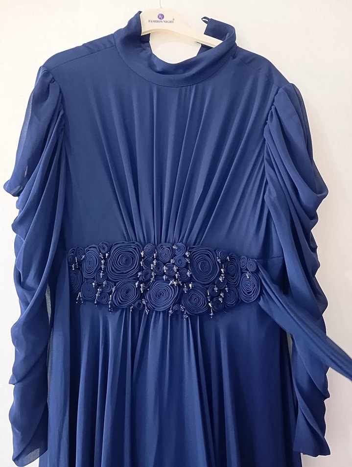 Lacivert Uzun Drapeli Kadın Abiye Elbise - Görsel 2