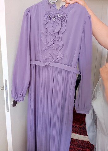 Mor Piliseli Uzun Kollu Abiye Elbise - Görsel 2