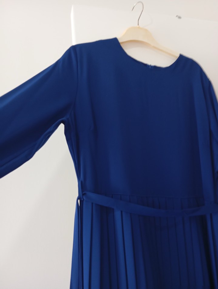 Mavi Piliseli Uzun Kollu Kadın Elbise - Görsel 2