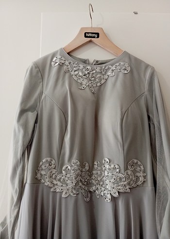 İşlemeli, Uzun Kollu Drapeli Kadın Abiye Elbise - Görsel 4