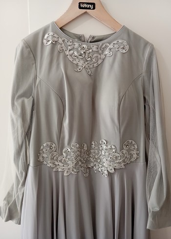 İşlemeli, Uzun Kollu Drapeli Kadın Abiye Elbise - Görsel 3