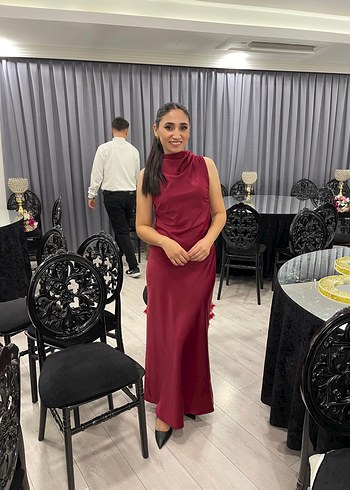 Bordo Midi Boy Drapeli Klasik Düğün Elbisesi - Görsel 2