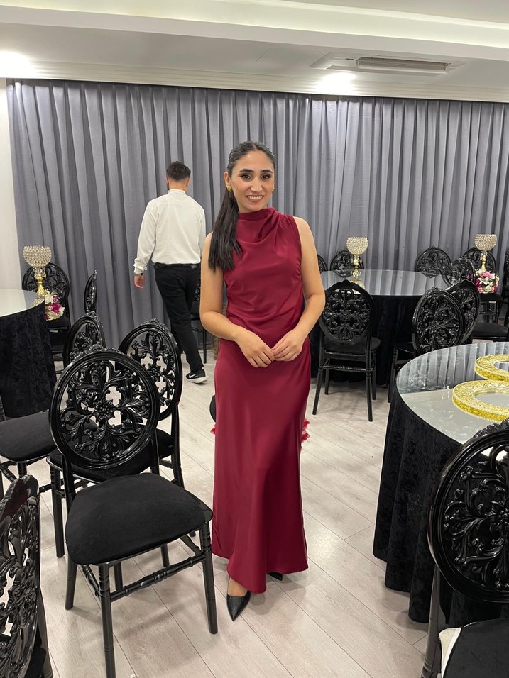 Bordo Midi Boy Drapeli Klasik Düğün Elbisesi - Görsel 2