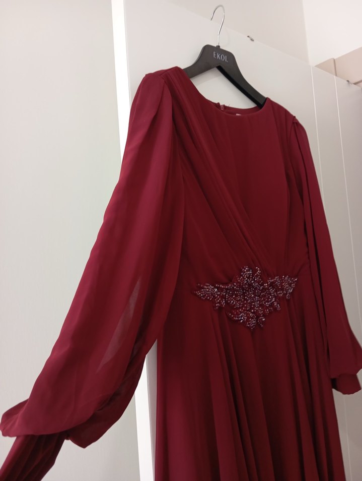 Bordo Drapeli Uzun Abiye Elbise - Görsel 4