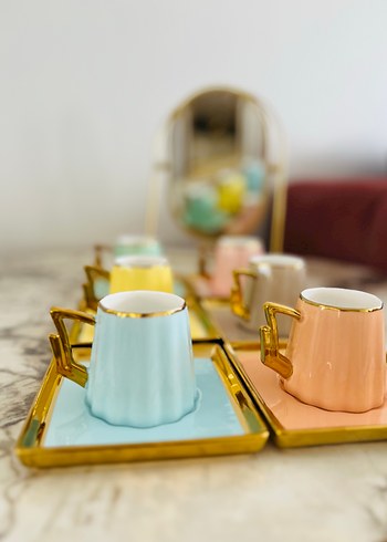 Karaca Pastel Renkli Altın Detaylı Kahve Fincan Takımı