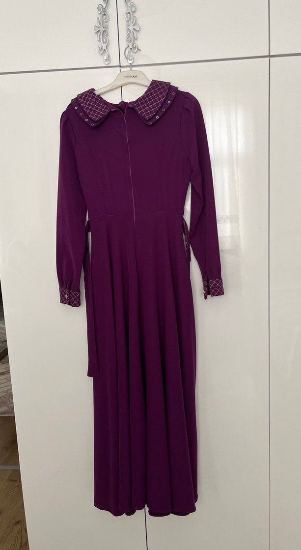Mor Uzun Kollu Pilili Elbise - Görsel 5