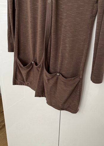 Bej Midi Uzun Kollu Düğmeli Keten Hırka - Görsel 3