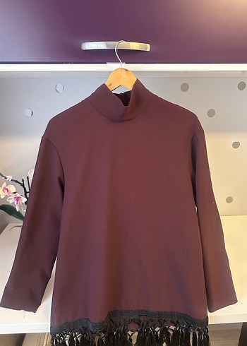Bordo Yüksek Yakalı Püsküllü Kadın Kazak