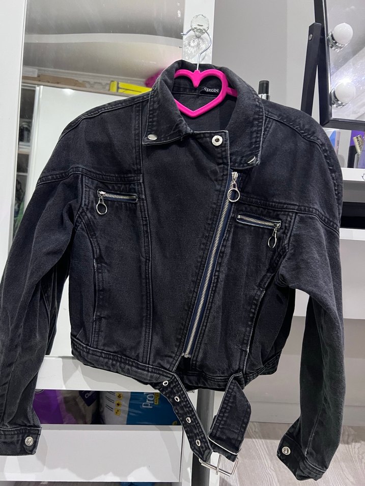 Siyah Kadın Kemerli kot Ceket - Görsel 2