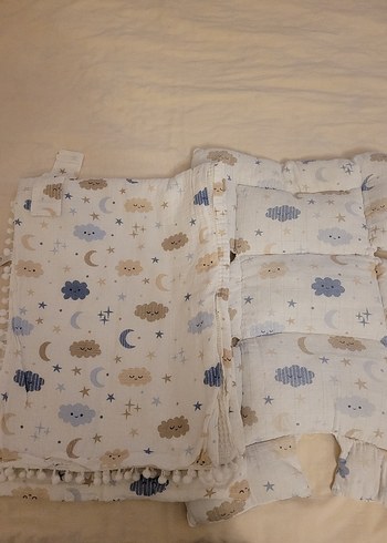 Baskılı Keten Bebek puset örtü seti