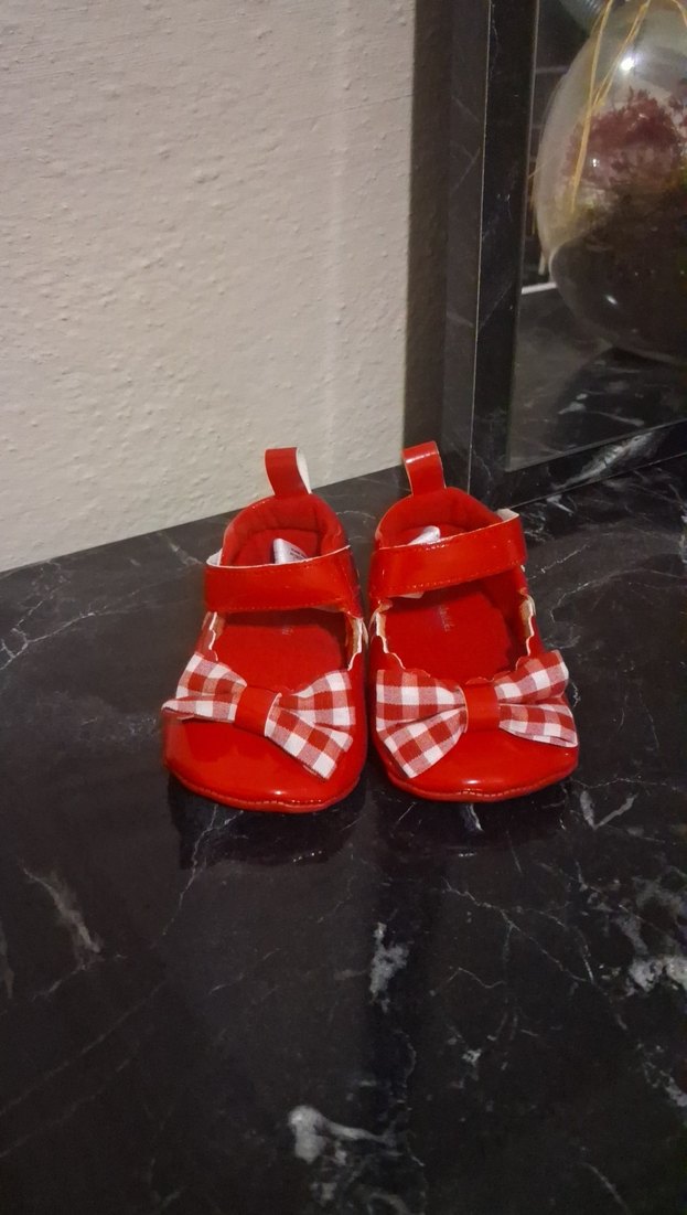 Kırmızı Fiyonklu Kareli Kız Babet - Görsel 2