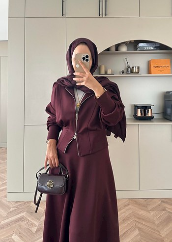 Bordo Uzun Kollu Fermuarlı ceket - Görsel 4