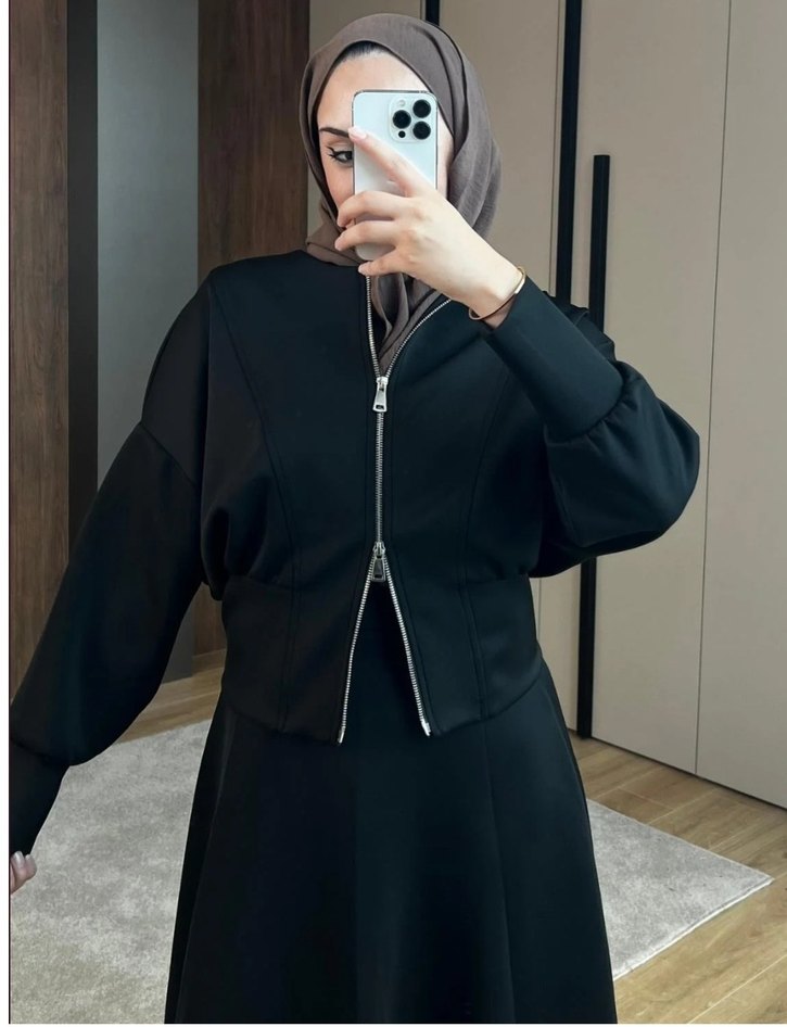 Bordo Uzun Kollu Fermuarlı ceket - Görsel 2