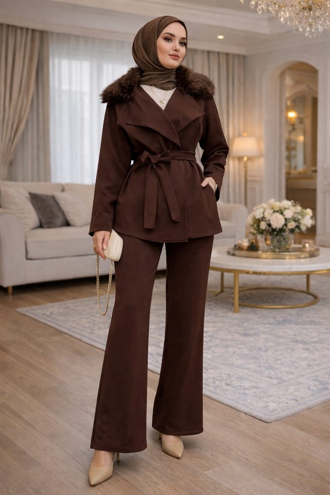 Kahverengi Kürklü Midi Deri Kadın Kaban - Görsel 2