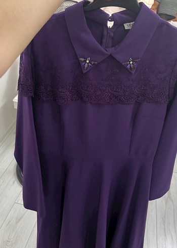 Diger Mor Uzun Kollu Dantel Detaylı Elbise - Görsel 5