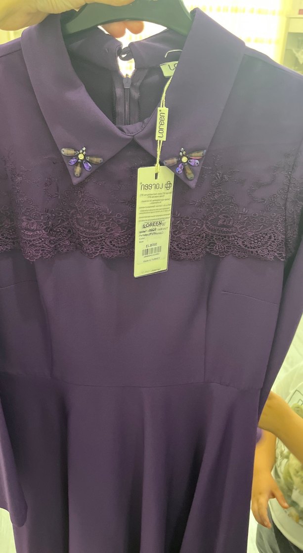 Diger Mor Uzun Kollu Dantel Detaylı Elbise - Görsel 4