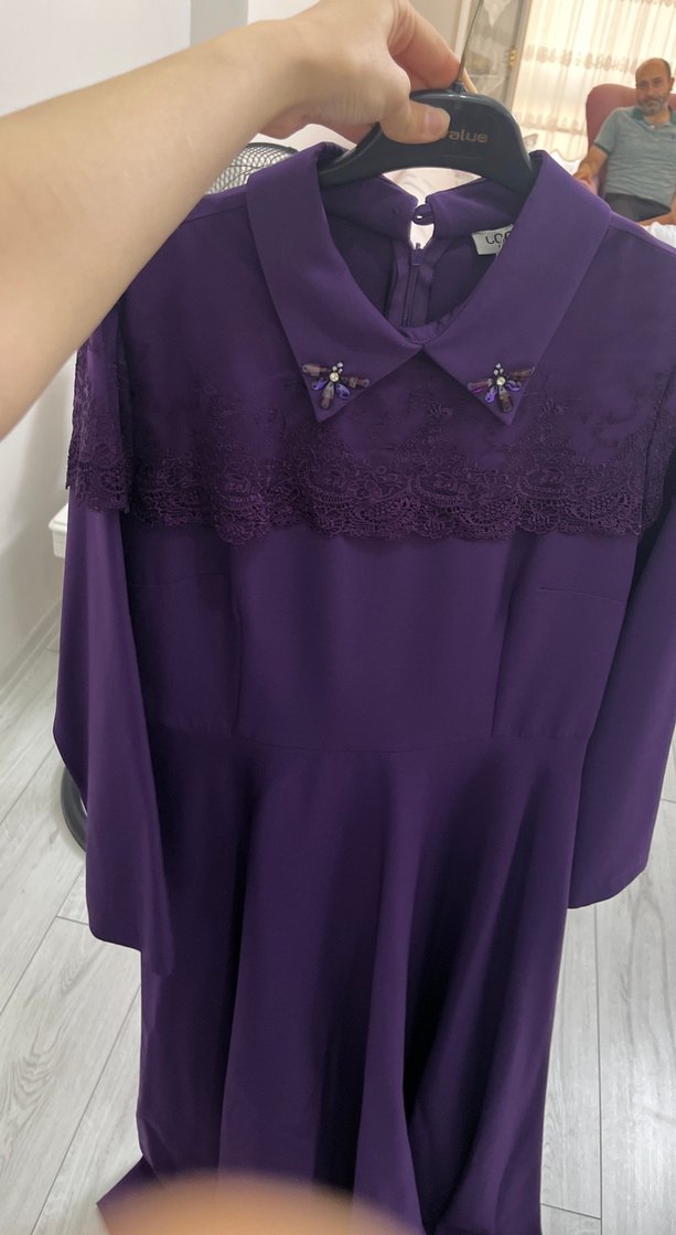 Diger Mor Uzun Kollu Dantel Detaylı Elbise - Görsel 5