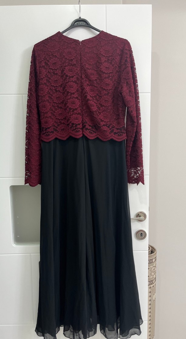 Bordo Dantel Detaylı Uzun Kollu Uzun Elbise - Görsel 2