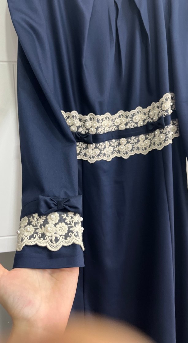 Dantel Detaylı Lacivert Uzun Elbise - Görsel 2