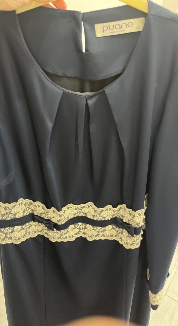 Dantel Detaylı Lacivert Uzun Elbise - Görsel 4