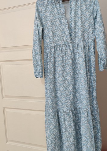 Mavi Bağlamalı Pamuklu Bohem Uzun Elbise - Görsel 3