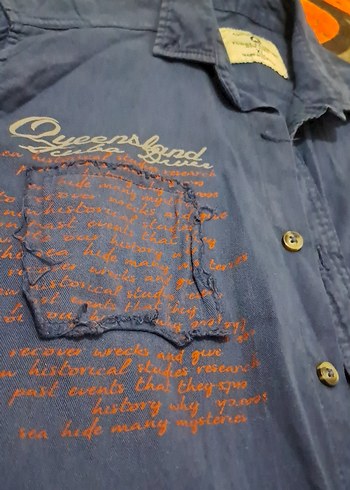 m Beden Lacivert Baskılı Denim Erkek Gömlek