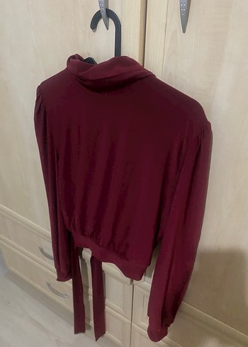 m Beden bordo Renk Bordo V Yaka Kemerli Mini Bluz
