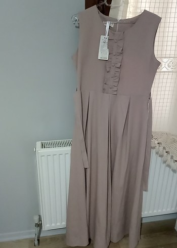 Bej Keten kısa kollu  Elbise - Görsel 2