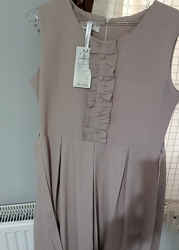 Bej Keten kısa kollu  Elbise - Görsel 4