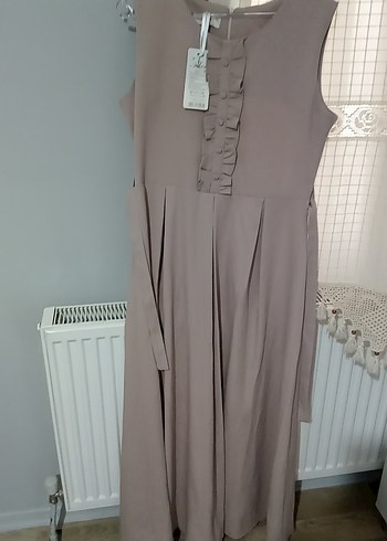 Bej Keten kısa kollu  Elbise - Görsel 5