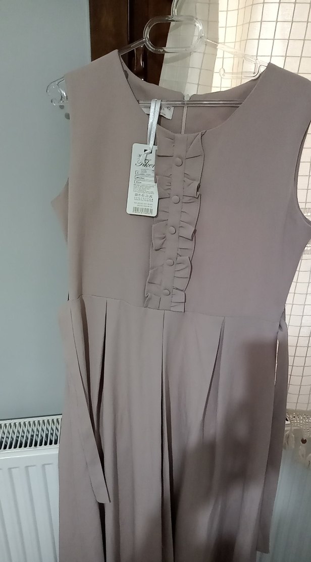 Bej Keten kısa kollu  Elbise - Görsel 4