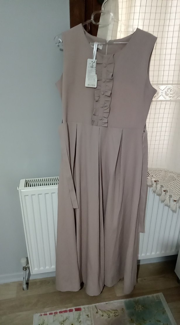 Bej Keten kısa kollu  Elbise - Görsel 5