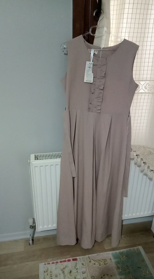 Bej Keten kısa kollu  Elbise - Görsel 3