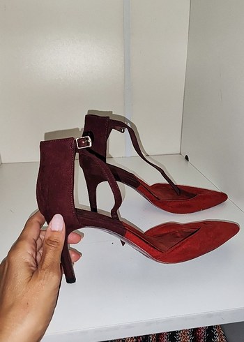 37 Beden çift renkli Bordo Süet Tokalı Stiletto Kadın Ayakkabı