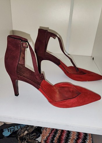 çift renkli Bordo Süet Tokalı Stiletto Kadın Ayakkabı