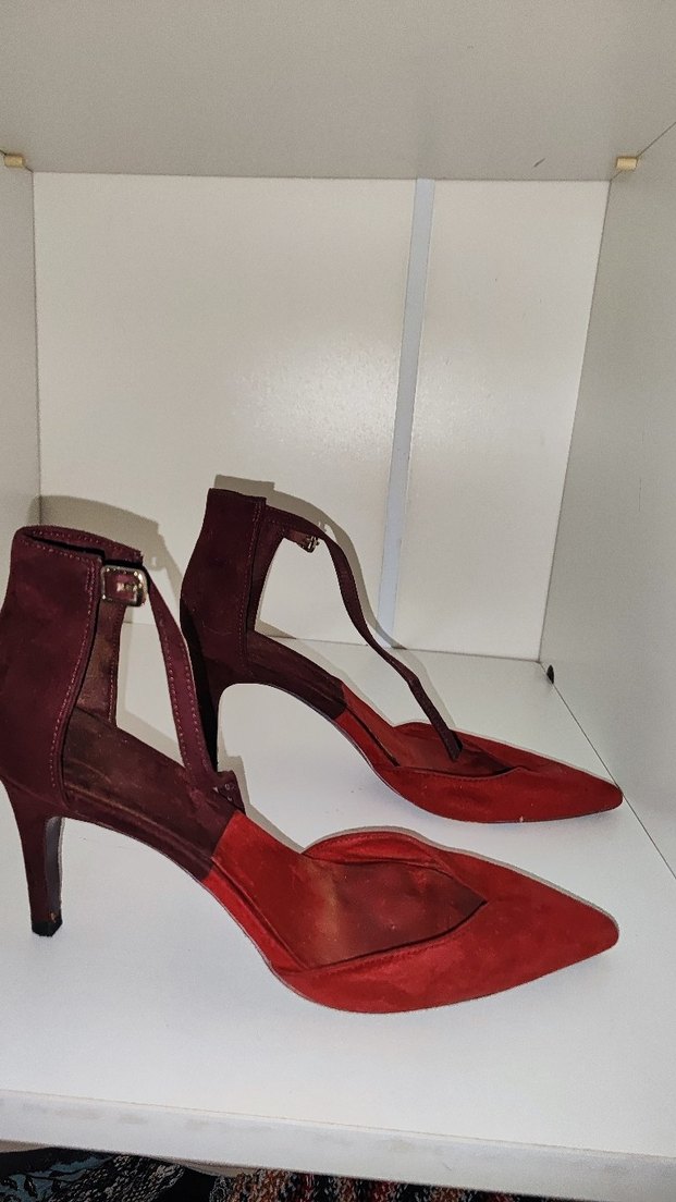 çift renkli Bordo Süet Tokalı Stiletto Kadın Ayakkabı - Görsel 2