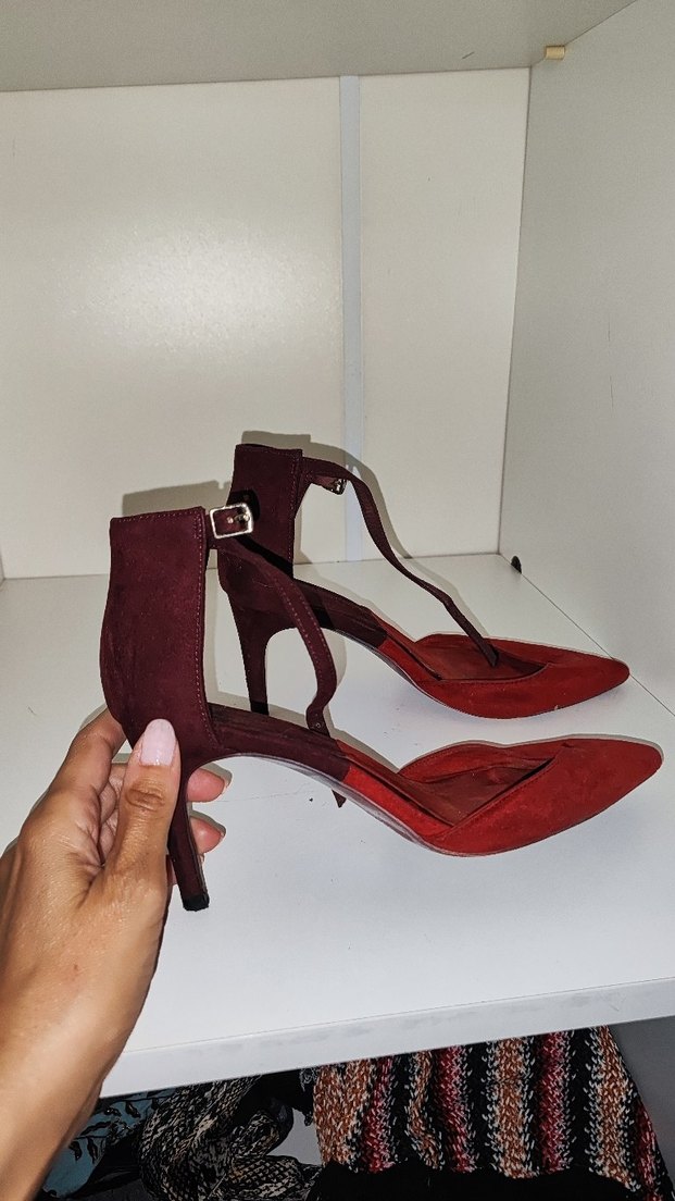 çift renkli Bordo Süet Tokalı Stiletto Kadın Ayakkabı - Görsel 3