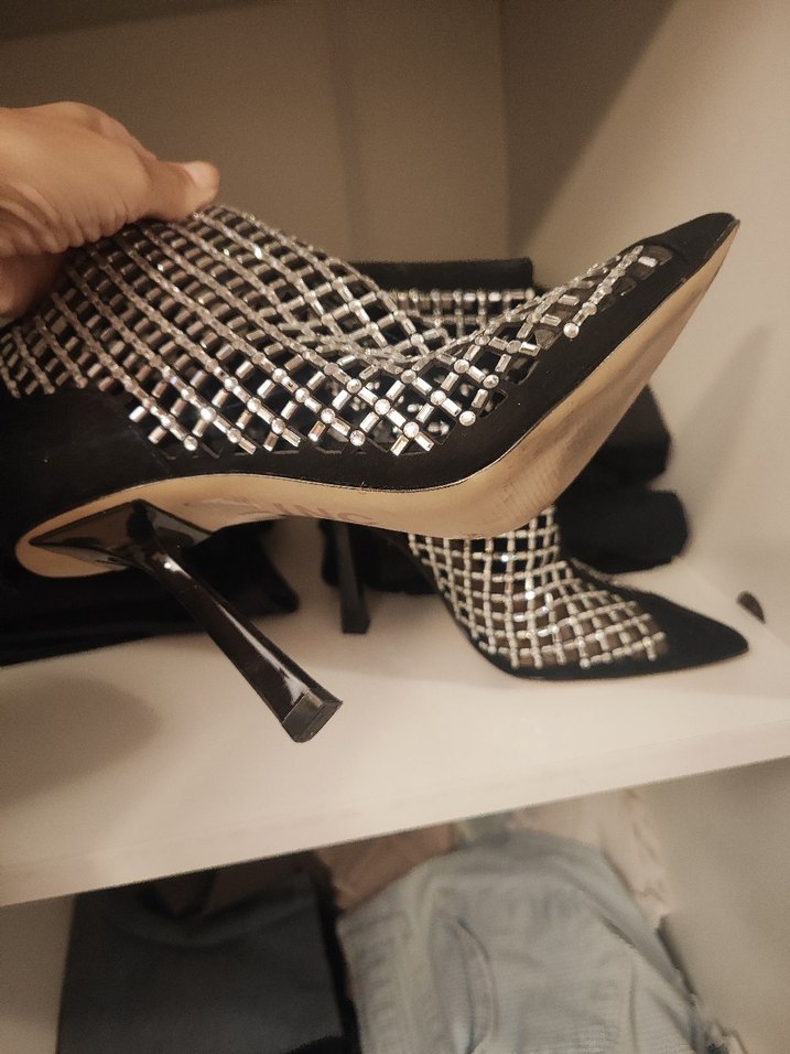 Siyah Parlak Kareli Taşlı Stiletto Kadın Bot - Görsel 2