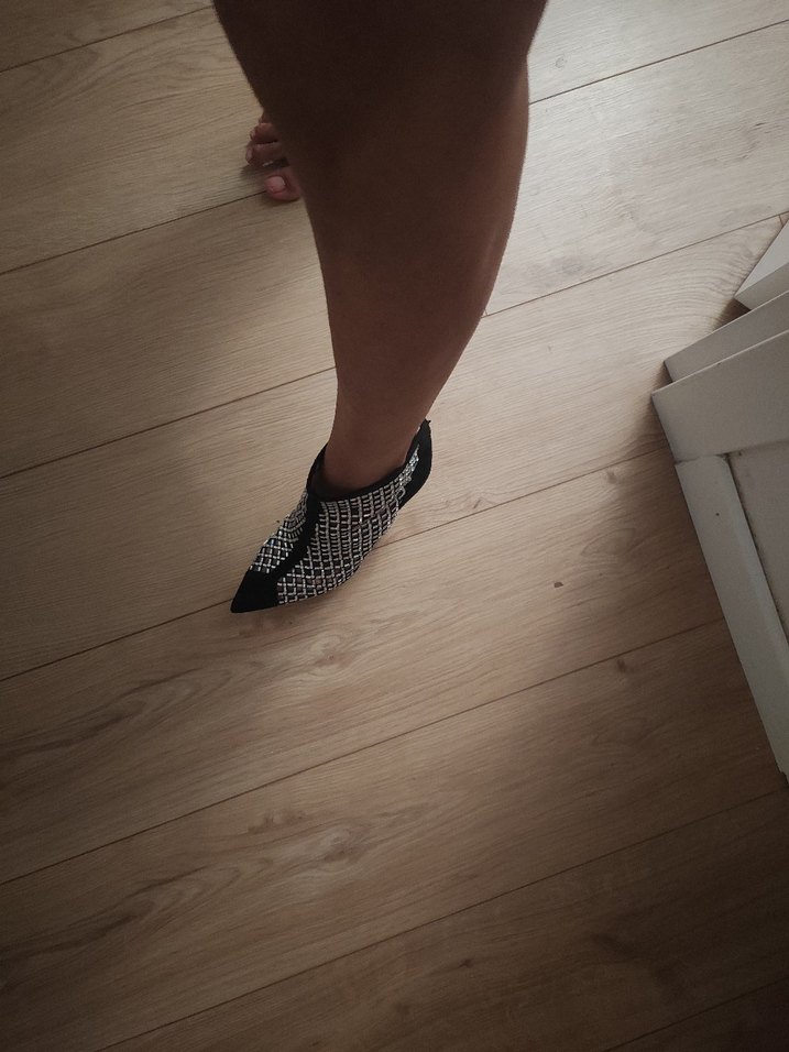 Siyah Parlak Kareli Taşlı Stiletto Kadın Bot - Görsel 3