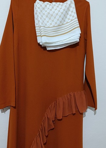 Kahverengi Uzun Kollu Fırfırlı Uzun Elbise - Görsel 2