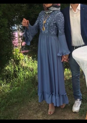 Mavi Nakışlı Uzun Bohem Abiye Elbise