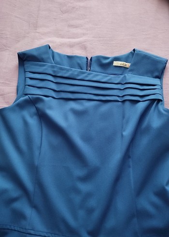 Mavi Pilili Midi Kolsuz Ofis Elbisesi - Görsel 6